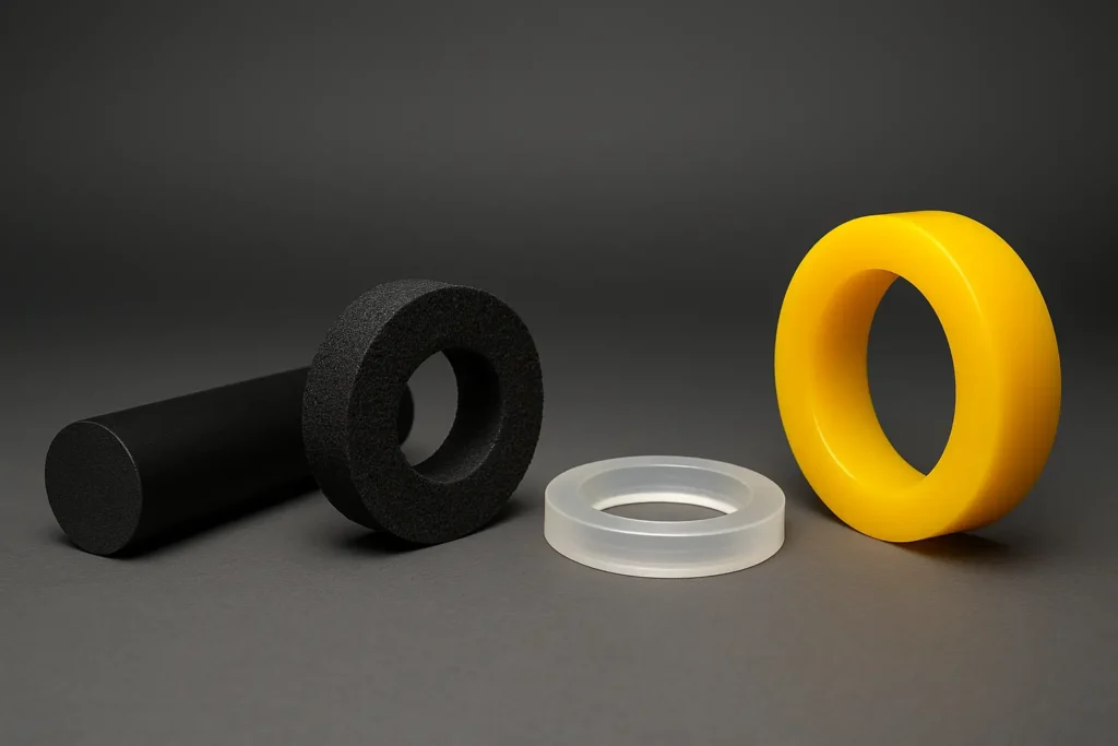 Guarnizioni e componenti tecnici in poliuretano compatto, microcellulare ed elastomero ad alte prestazioni a confronto visivo