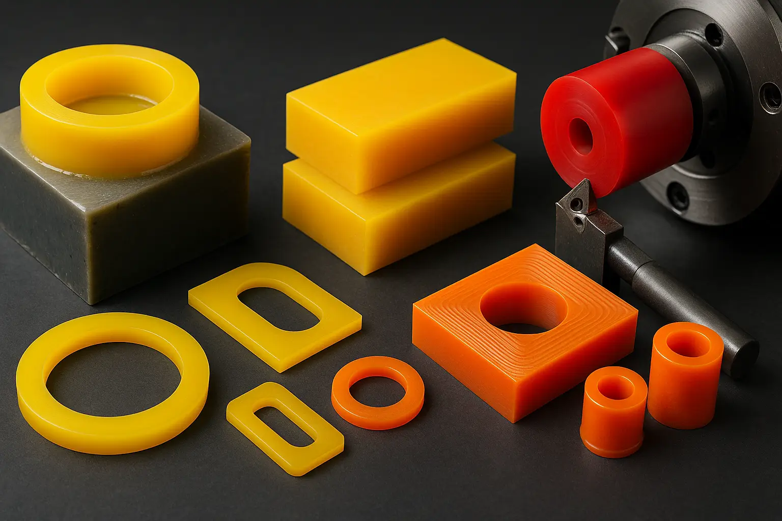 Componenti tecnici in poliuretano ottenuti tramite colata su stampo, taglio a misura e lavorazioni meccaniche di tornitura e fresatura