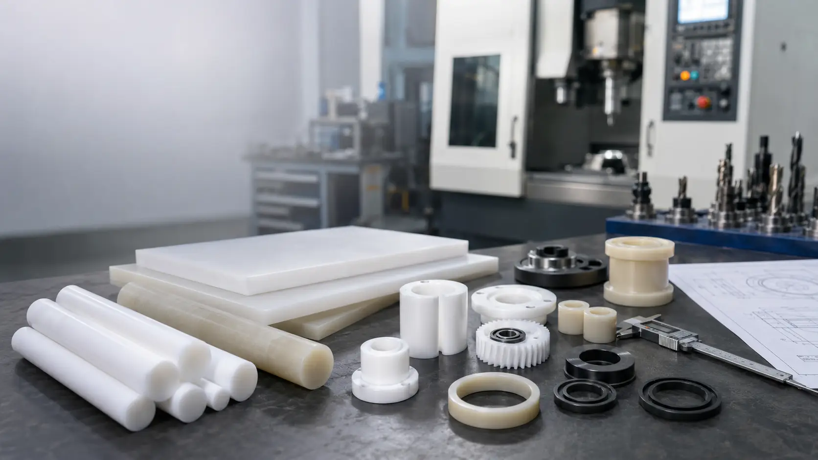 Componenti industriali in materiali plastici tecnici POM, PTFE e PE su banco di lavoro per la scelta del materiale plastico più adatto